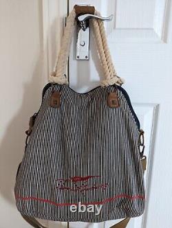 Burberry Vintage Large Navy White Striped Cotton Canvas Shoulder Handbag Tote
