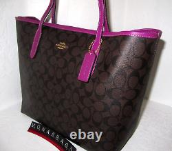 Coach 5696 Large City Tote Bown Signature Canvas Dark Magenta Leather NWT $398