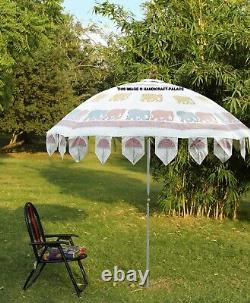 Elephant Block Print Cotton Garden Umbrella Large Parasol Patio Outdoor Shade