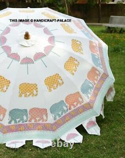 Elephant Block Print Cotton Garden Umbrella Large Parasol Patio Outdoor Shade