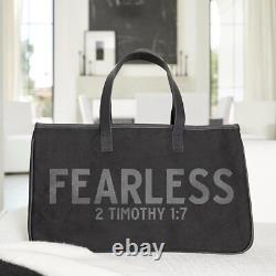 Large Canvas Tote Bags with Genuine Leather Handles Black, Fearless Pack of 2