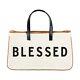 Large Canvas Tote Bags With Genuine Leather Handles, Blessed Pack Of 2