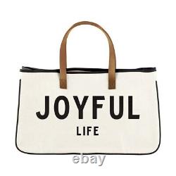 Large Canvas Tote Bags with Genuine Leather Handles Casual Bag, Joyful Life, 2 PK