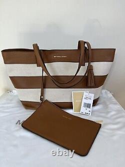 Nwt Michael Kors Large East West Striped Canvas Leather Tote Bag & Pouch -$298