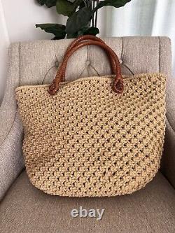Ralph Lauren Collection Cotton Crochet Large Tote Braided Leather Handles Rare