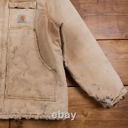 Vintage Carhartt Workwear Jacket L Arctic Distressed Beige Zip Hook & Loop