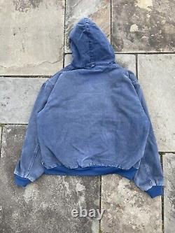 Vintage carhartt j68 blu faded sandstone hooded work jacket blue size large