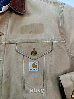 Vtg Distressed Carhartt Trucker Jacket Mens Tan Blanket Canvas Detroit Button L