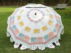 Parasol de jardin en coton à motif d'éléphants en impression sur blocs, grand parasol pour patio et ombrage extérieur.