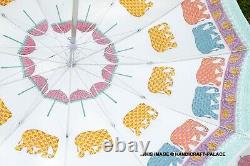 Parasol de jardin en coton à motif d'éléphants en impression sur blocs, grand parasol pour patio et ombrage extérieur.
