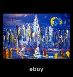 Peinture originale sur toile de grande taille, abstraite et impressionniste, de la ville bleue